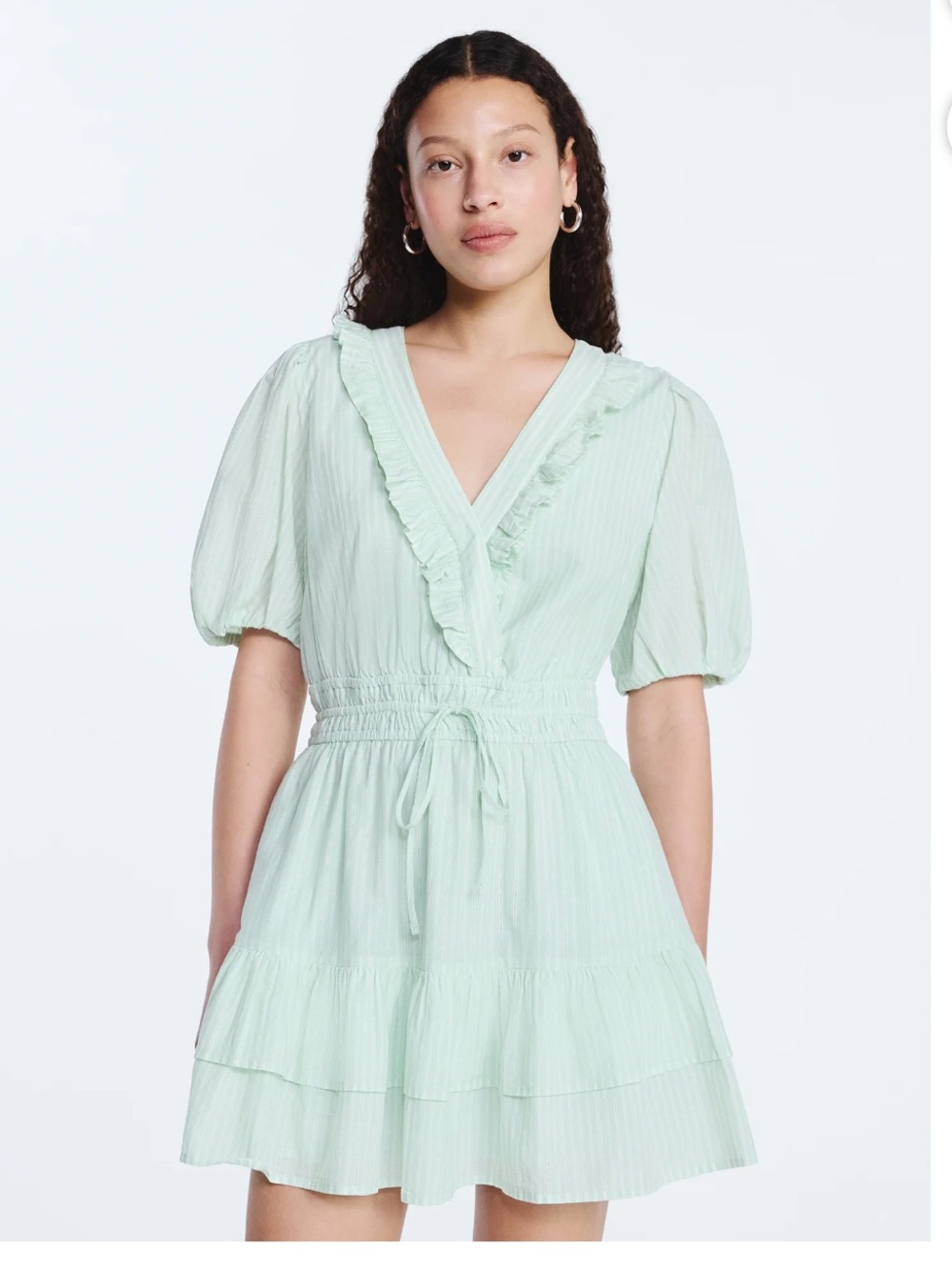 Ruffle V-Neck Mint Mini Dress with Drawstring Waist